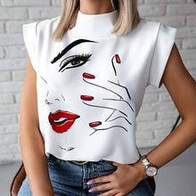 Load image into Gallery viewer, Women Elegant Lips Print blouse shirts 2020 Summer Casual Stand Neck Pullovers tops Ladies Fashion cute Eye Short Sleeve Blusa
