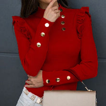 Load image into Gallery viewer, Fashion Autumn Butterfly Long Sleeve Shirt Blouse Elegant O Neck Slim Rib Pullover Tops Winter Casual Women Ruffle Shirts Blusa