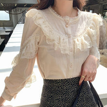 Load image into Gallery viewer, Womens Tops and Blouses 2021 Cotton Linen Blouse Button Solid Stand Collar Ladies Lace Tops Women Shirts Blusas Feminine 8049 50