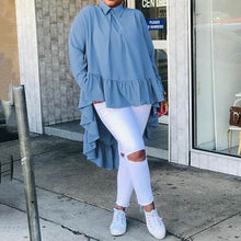 Load image into Gallery viewer, Celmia Women Asymmetrical Tops 2021 Fashion Solid Back Buttons Ruffles Shirts Long Sleeve Lapel Casual Blouses Ladies Blusas 5XL