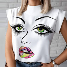 Load image into Gallery viewer, Women Elegant Lips Print blouse shirts 2020 Summer Casual Stand Neck Pullovers tops Ladies Fashion cute Eye Short Sleeve Blusa
