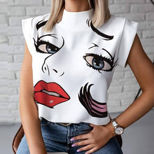 Load image into Gallery viewer, Women Elegant Lips Print blouse shirts 2020 Summer Casual Stand Neck Pullovers tops Ladies Fashion cute Eye Short Sleeve Blusa
