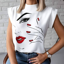 Load image into Gallery viewer, Women Elegant Lips Print blouse shirts 2020 Summer Casual Stand Neck Pullovers tops Ladies Fashion cute Eye Short Sleeve Blusa
