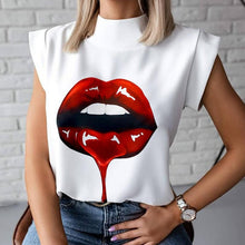 Load image into Gallery viewer, Women Elegant Lips Print blouse shirts 2020 Summer Casual Stand Neck Pullovers tops Ladies Fashion cute Eye Short Sleeve Blusa
