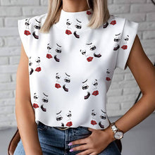 Load image into Gallery viewer, Women Elegant Lips Print blouse shirts 2020 Summer Casual Stand Neck Pullovers tops Ladies Fashion cute Eye Short Sleeve Blusa
