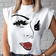 Load image into Gallery viewer, Women Elegant Lips Print blouse shirts 2020 Summer Casual Stand Neck Pullovers tops Ladies Fashion cute Eye Short Sleeve Blusa
