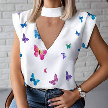 Load image into Gallery viewer, Women Elegant Lips Print blouse shirts 2020 Summer Casual Stand Neck Pullovers tops Ladies Fashion cute Eye Short Sleeve Blusa
