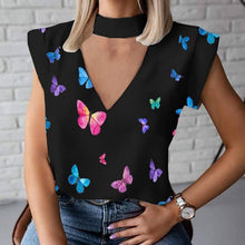 Load image into Gallery viewer, Women Elegant Lips Print blouse shirts 2020 Summer Casual Stand Neck Pullovers tops Ladies Fashion cute Eye Short Sleeve Blusa
