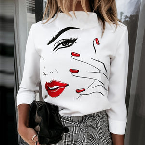 Women Elegant Lips Print blouse shirts 2020 Summer Casual Stand Neck Pullovers tops Ladies Fashion cute Eye Short Sleeve Blusa