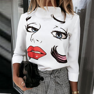 Women Elegant Lips Print blouse shirts 2020 Summer Casual Stand Neck Pullovers tops Ladies Fashion cute Eye Short Sleeve Blusa