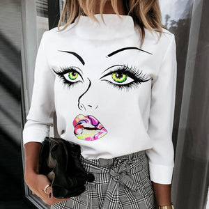 Women Elegant Lips Print blouse shirts 2020 Summer Casual Stand Neck Pullovers tops Ladies Fashion cute Eye Short Sleeve Blusa