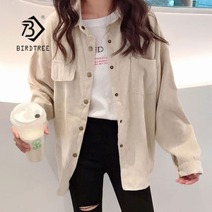 2019 New Fashion Woman Corduroy Jacket Solid Shirt Single Breasted Turn Down Collar Long Sleeve Pocket Button Feminina T90801J