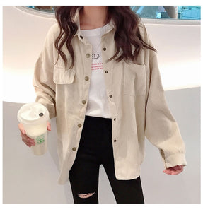 2019 New Fashion Woman Corduroy Jacket Solid Shirt Single Breasted Turn Down Collar Long Sleeve Pocket Button Feminina T90801J