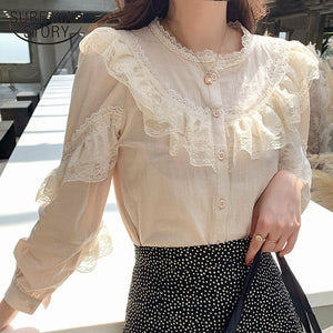 Womens Tops and Blouses 2021 Cotton Linen Blouse Button Solid Stand Collar Ladies Lace Tops Women Shirts Blusas Feminine 8049 50